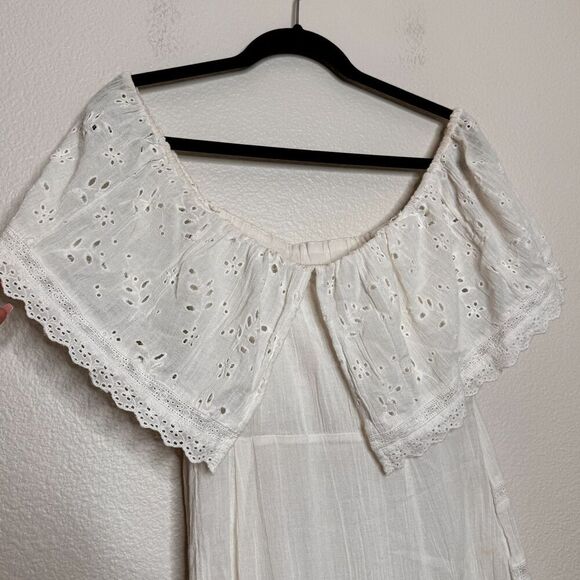 Free People Off Shoulder Dress Medium Ivory Cottagecore Prairie Indie Midi Eyele - Picture 12 of 15